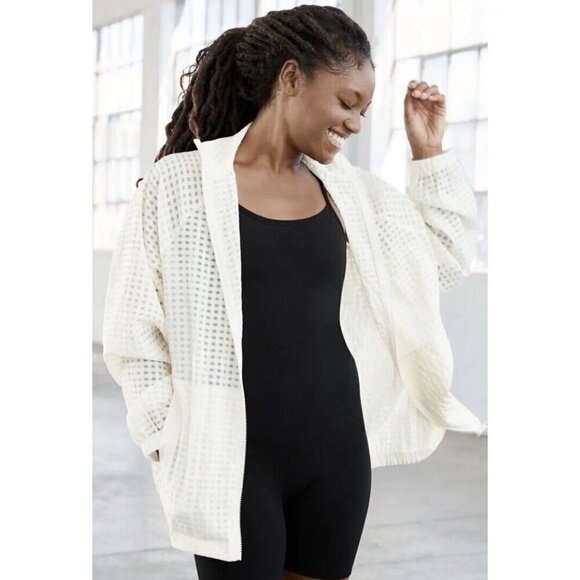 Fabletics Cleo Lightweight Sheer Cream Grid Gingham Windbreaker Jacket Women's L - Picture 1 of 9